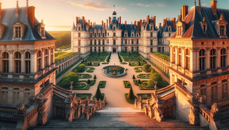 Château de Fontainebleau au coucher du soleil avec architecture renaissance, jardins verts.