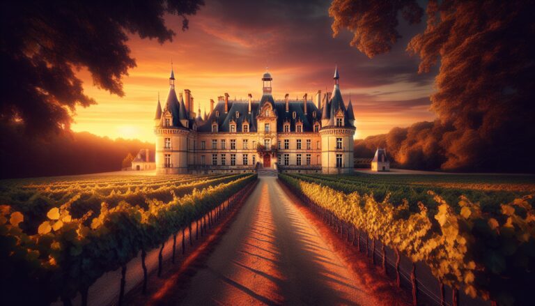 Château en G au coucher de soleil, orné de vignoble et de jardins impeccables.