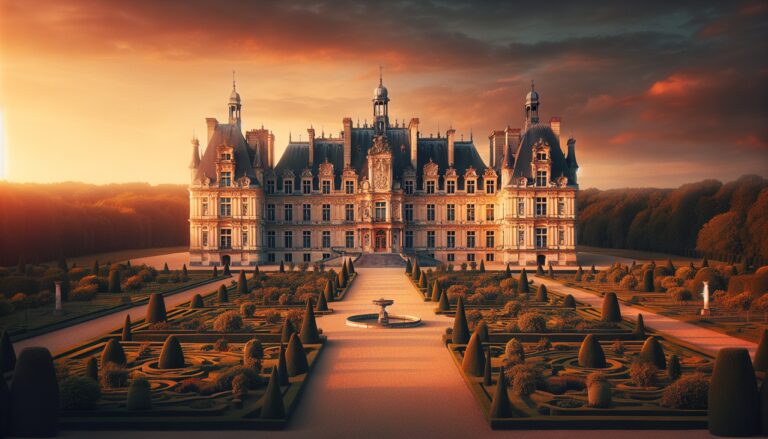 Chateau en I à l'architecture Renaissance et jardins à la française au coucher du soleil.