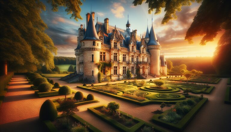 Château majestueux au J, lumière dorée, jardin luxuriant, ciel bleu, paysage verdoyant.