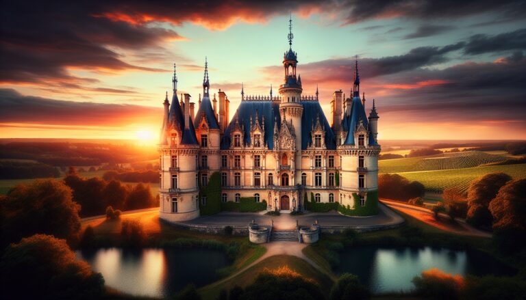 Château en pierre classique avec spires et grandes fenêtres, entouré de vignobles et d'un lac au coucher du soleil.