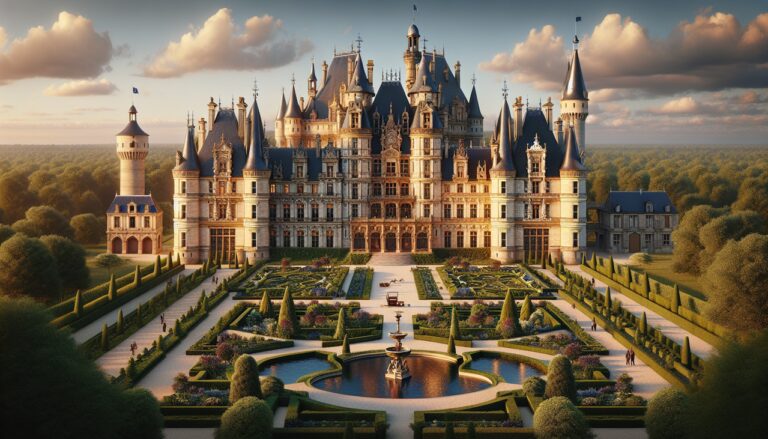 Châteaux en S français, élégance architecturale sous un ciel bleu, jardins luxuriants.