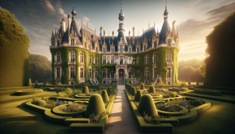 Château en U majestueux dans le style Renaissance avec ciel clair, lierre vert vif, et jardins français.