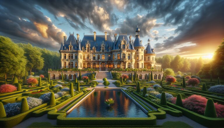Château en W majestueux au sommet d'une colline, entouré de vignobles et de jardins luxuriants.