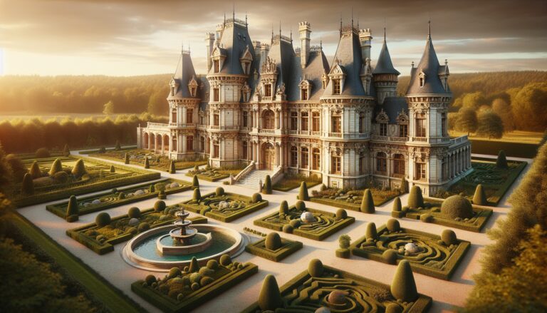 Crée un château en Z réaliste entouré de jardins luxuriants, avec une ambiance lumineuse chaleureuse.